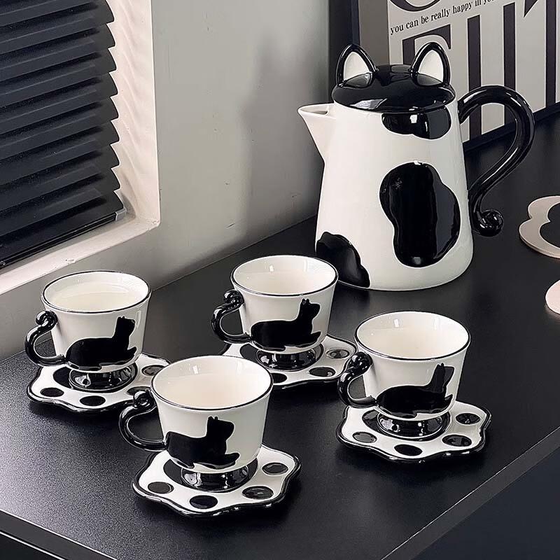 Cat-Themed Ceramic Water Pitcher and Cup Set