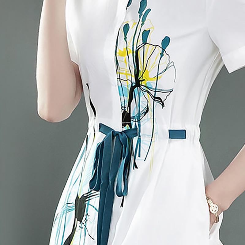 Polo Collar Printed Dress Elegant Temperament Shirt Dresses Comfortable OL Loose Dress with Lapel Neck