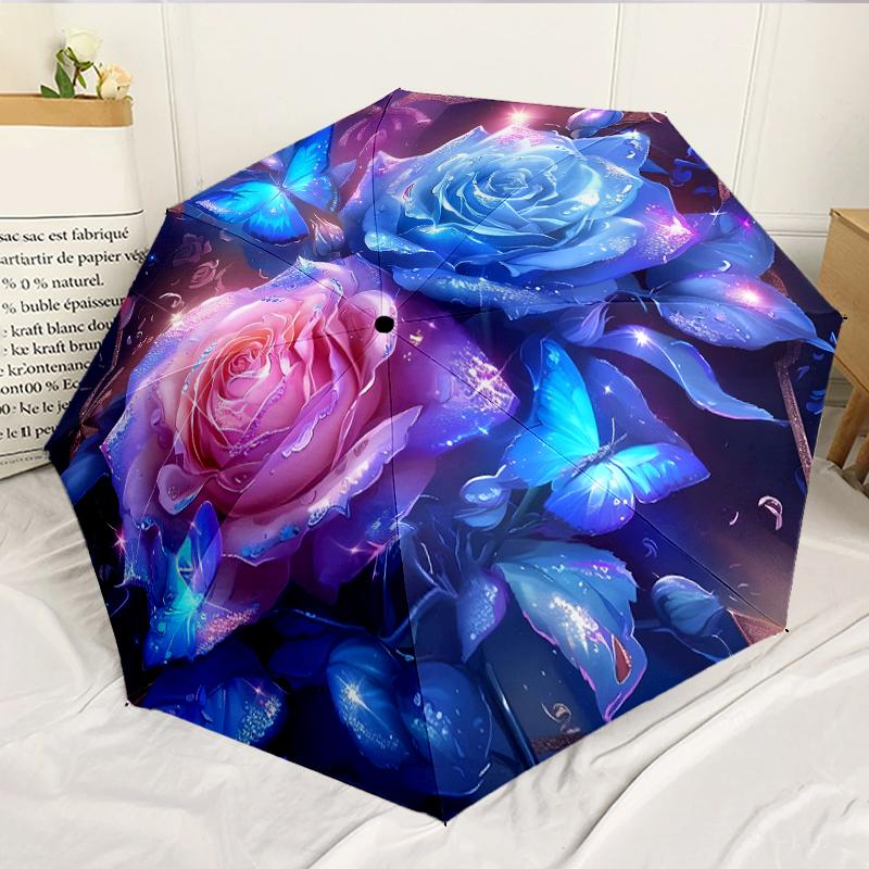 Charming Pink and Blue Roses Umbrella 8-Frame for Travel, Camping, Casual Lightweight Portable Umbrella, Essential for Every Family Holidays Gift
