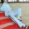 Adidas Originals Solid Color Trefoil Logo Print Straight Leg Sports Pants Unisex bottoms Light-Blue IK9154