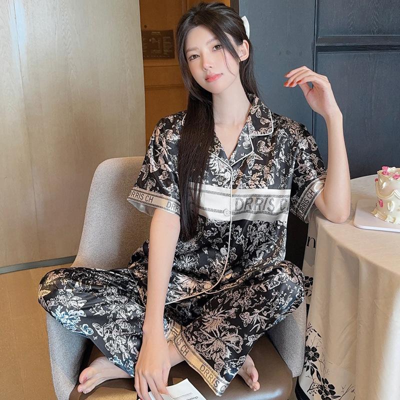 National Style Light Luxury High-End Style Flower Cold Silk Cool Pajamas Women'S Summer Short-Sleeved Trousers Set