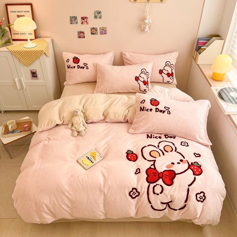 Cartoon Milk Velvet Four Piece Patch Embroidered Coral Velvet Quilt Cover Flannel Sheet Quilt Cover