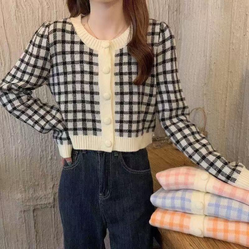 Color Matching Plaid Knitted Cardigan Women's Autumn and Winter Gentle Top Lazy Outside with Short Sweater Jacket Tide