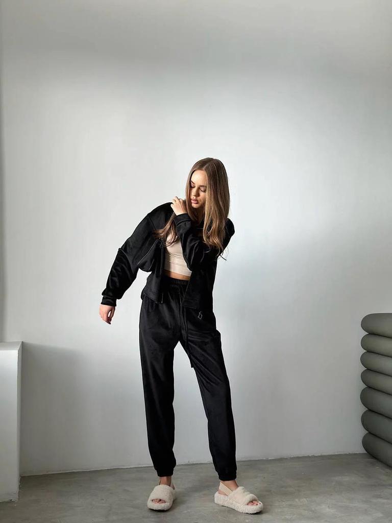 Europejski i Amerykański Jesienny Zestaw Dwuczęściowy z Aksamitu Zapinany na Zamek: Bluzka z długim rękawem, elastyczną talią i spodnie z mankietami z kieszeniami dla kobiet