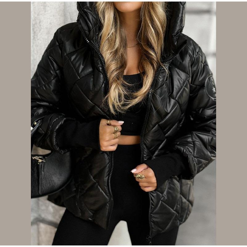 Autumn and Winter New Fashion Trend Diamond-shaped Pressure Grid Loose Hooded Cotton-padded Warm Jacket