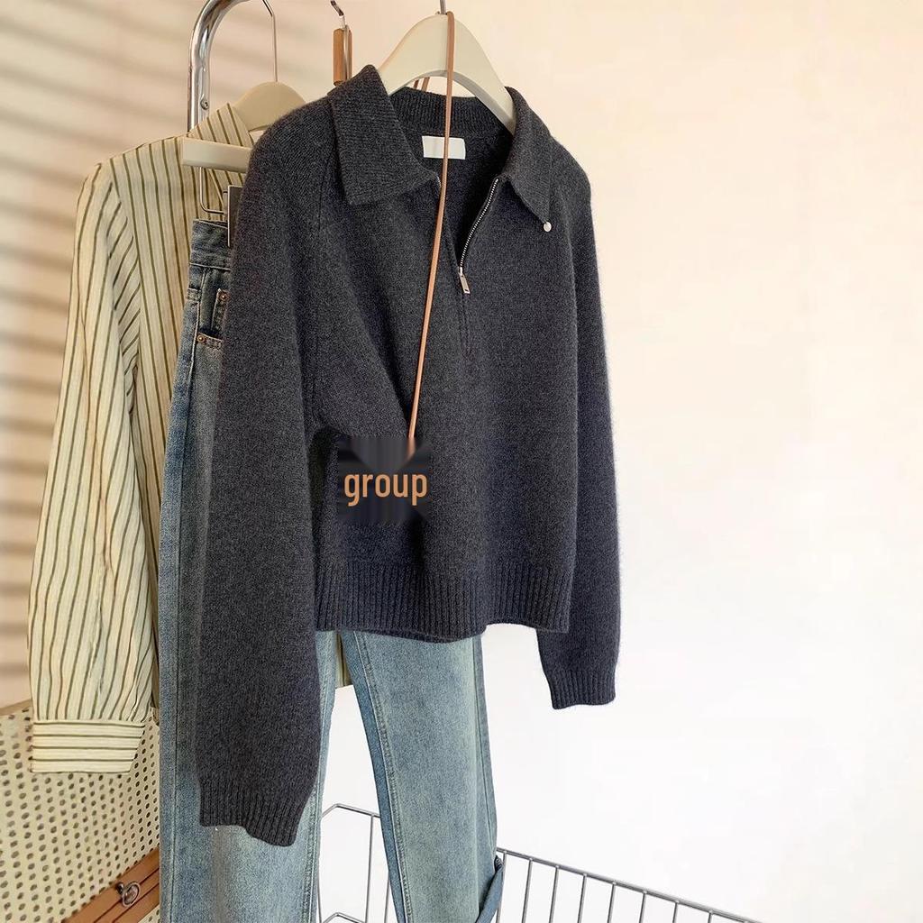 Pulover tricotat cu guler polo și jumătate de fermoar pentru femei, Toamnă/Iarnă 2025, Top cu rever mic.