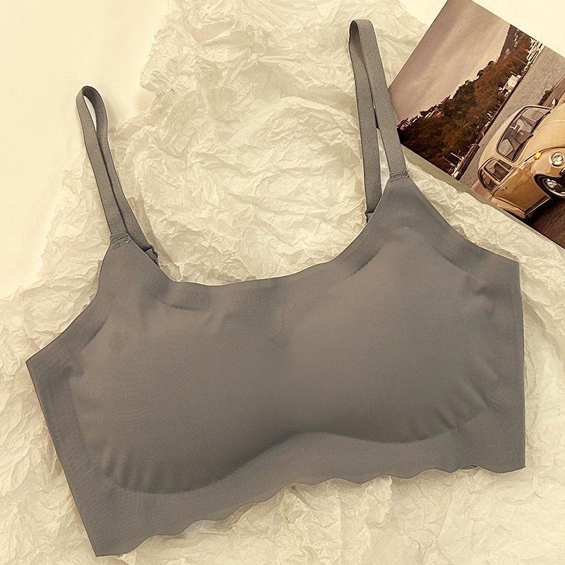 

Бесшовное нижнее белье из ледяного шелка для девочек, майка-слинг без косточек, для большой груди, маленькая майка-жилет, студенческий клетчатый дышащий бюстгальтер для периода полового созревания M Gray