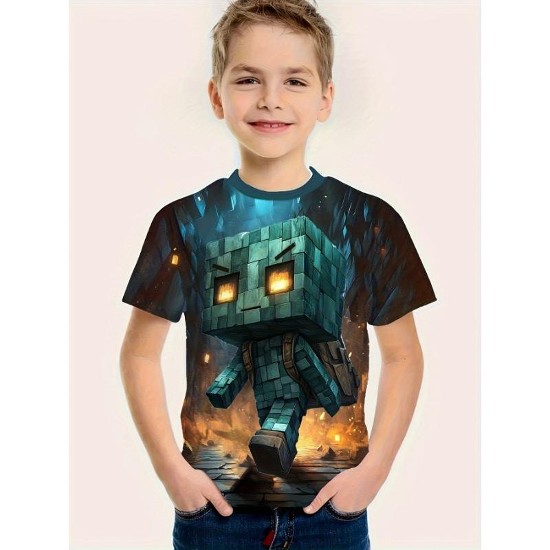 

3D Printed Game Player T-Shirt for Boys - Vibrant pixel game design, short-sleeved round-neck, 110