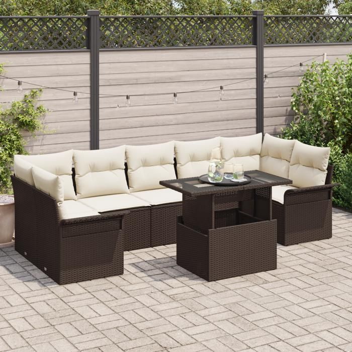 Ensemble de canapé de jardin 8 pièces avec coussins en rotin poly marron, Canapé de jardin 2 places avec rangement 3356971