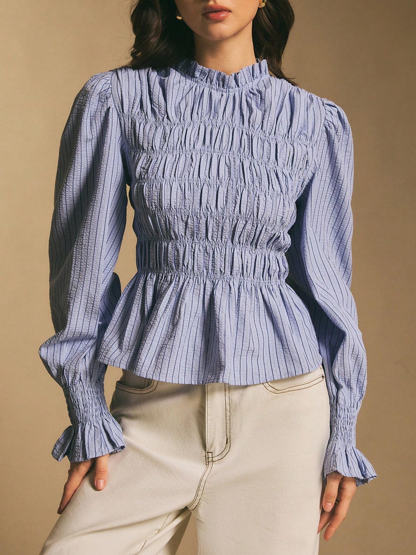Elegant Retro Striped Ruffle Top with Puff Sleeves L синий