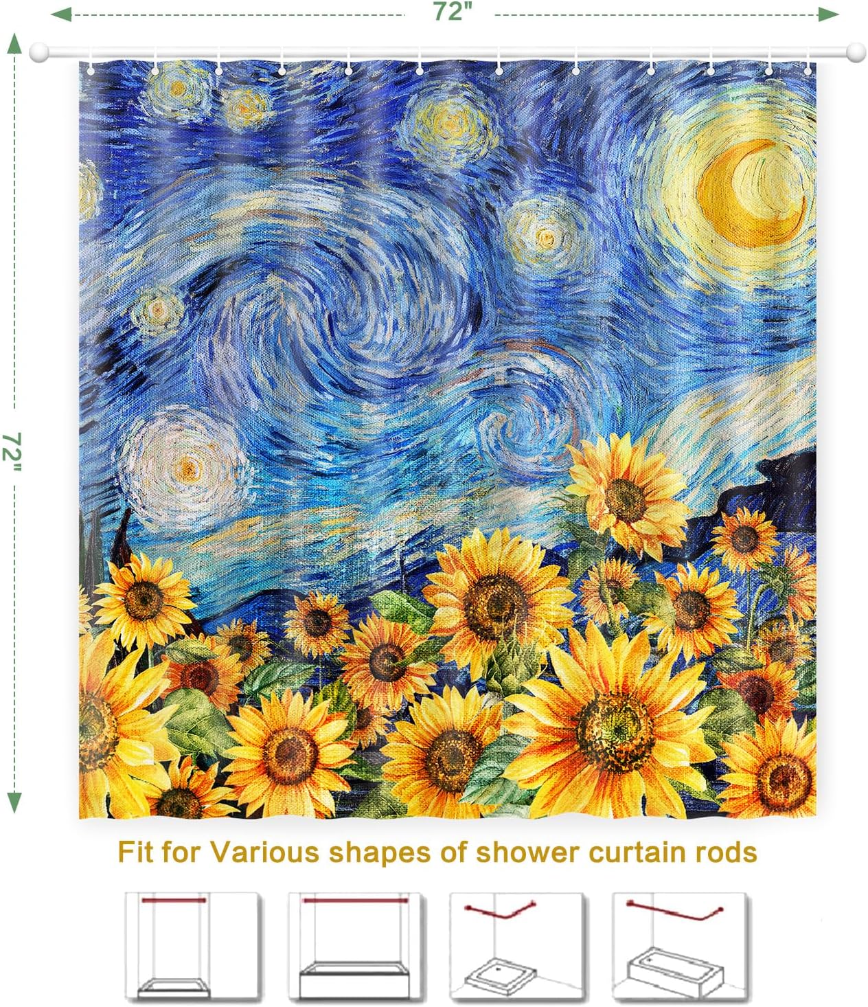 

Shower Curtain Starry Night, Sunflowers Shower Curtain For Bathroom, Showercurtain Set With 12 Hooks Waterproof Polyester Fabric W60H190(CM)-1 Pcs