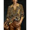 2026 New Women's Loose Printed Faux Wool Knitted Pullover Retro Leopard Print Spliced Baroque Pattern Lapel V-Neck Design Fashion Top