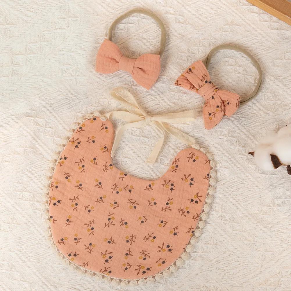 3pcs Sets Baby Bib Bow Headdress Baby Girl Headband Kids Stuff Feeding Bibs Set Bebe Saliva Towel Linen Burp Cloth Newborn Items