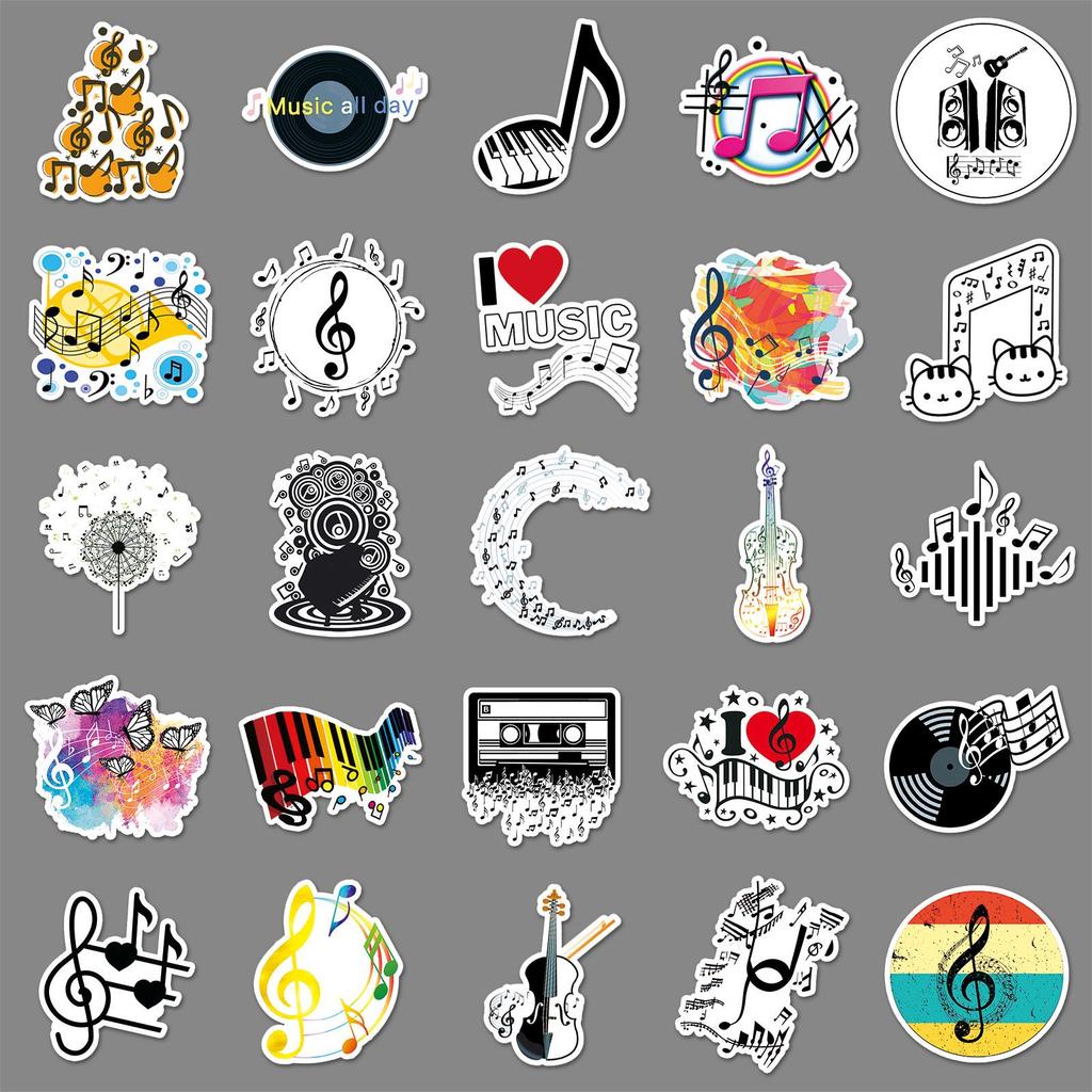 50 Music Note & Cartoon Stickers for Journals, Guitars, Suitcases, Skateboards - Waterproof Decor