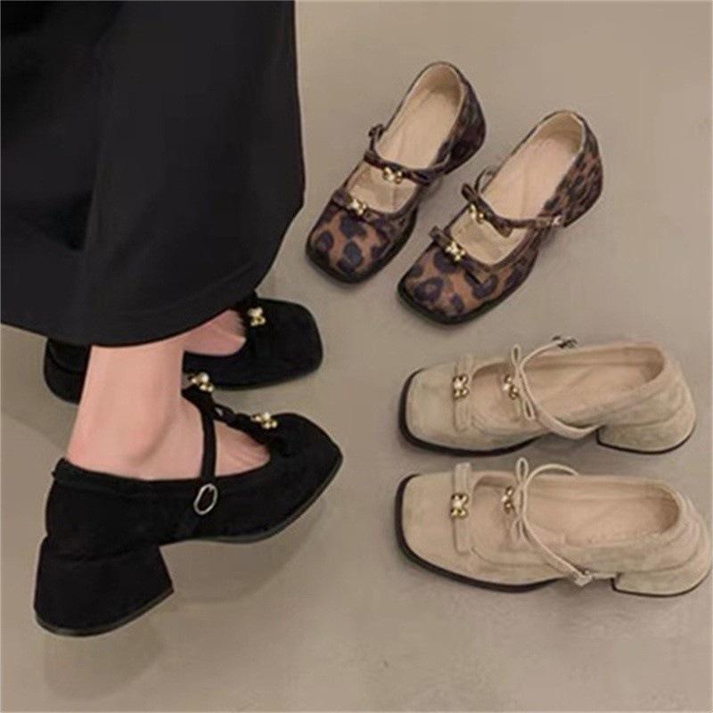 Coarse Heel Mary Jane Shoes Women's 2025 New with Skirt French Beautiful Bow Single Shoes Black Beige Leopard Print