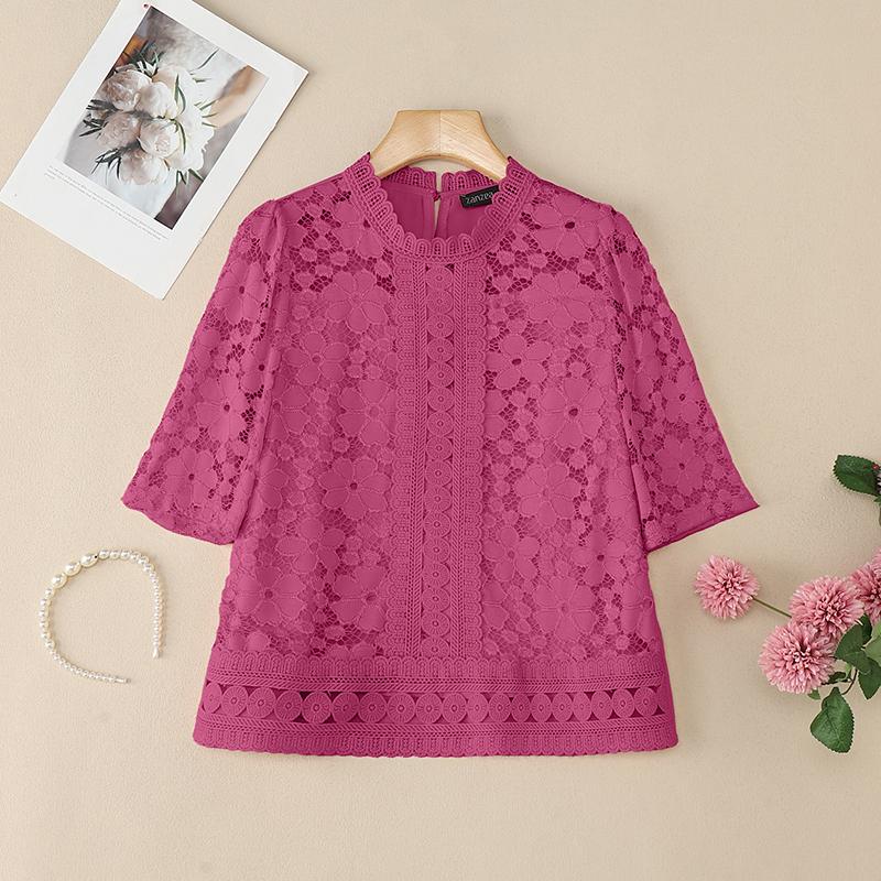 

ZANZEA Женская летняя блузка с ажурной кружевной вставкой, с коротким рукавом, повседневная S темно-розовый