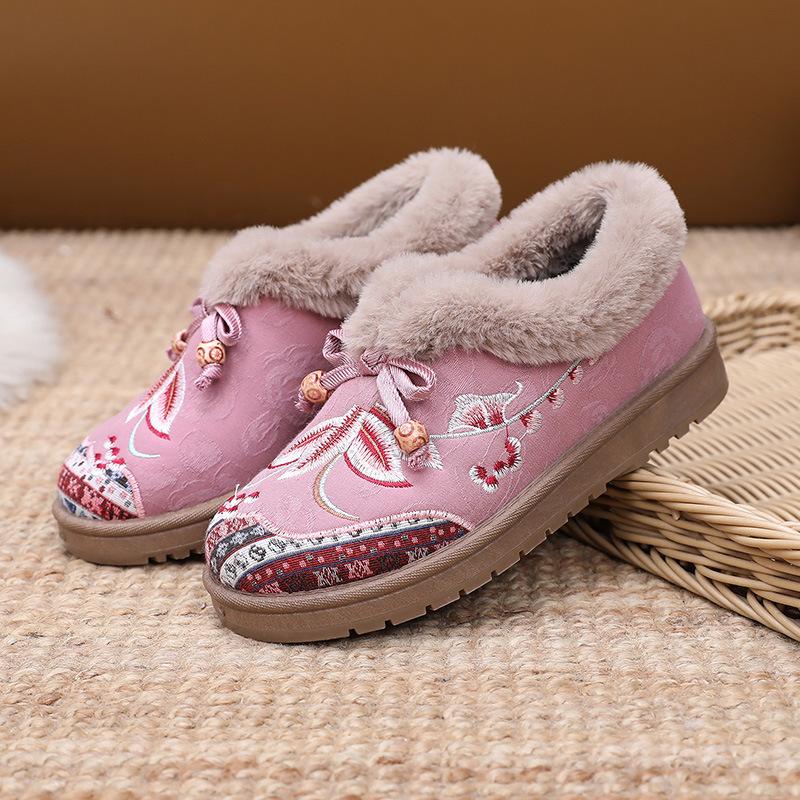 Women's Winter Fur Lined Loafers Platform Embroidered Loafers Shoes for Women Chunky Warm Plush Comfortable Non-Slip Round Toe Loafer Slippers Women