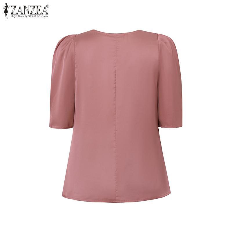 ZANZEA Damska casualowa bluzka z kołnierzem ze sztucznego futra, gładka, z krótkim rękawem