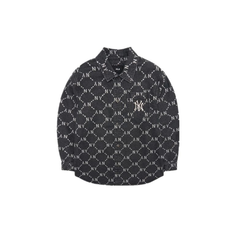 MLB Vintage Blumendruck Denim Lässiges Langarmhemd Unisex Hemden Schwarz 3ADRMN421-50BKS M gray