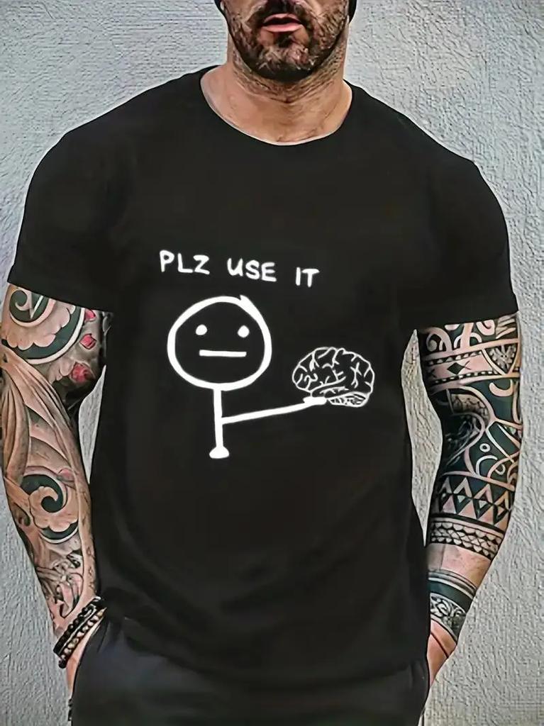 PLZ USE IT Brain Cartoon Printed Men's T-Shirt Crew Neck Fun Short Sleeve TShirt Graphic Unisex