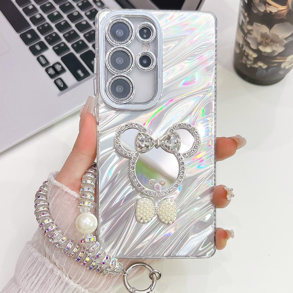 Advanced Wrinkles Suitable for Samsung S25ultra Bracelet Mobile Phone Case S24 Cartoon Mirror A56 Flash Powder Lens Film
