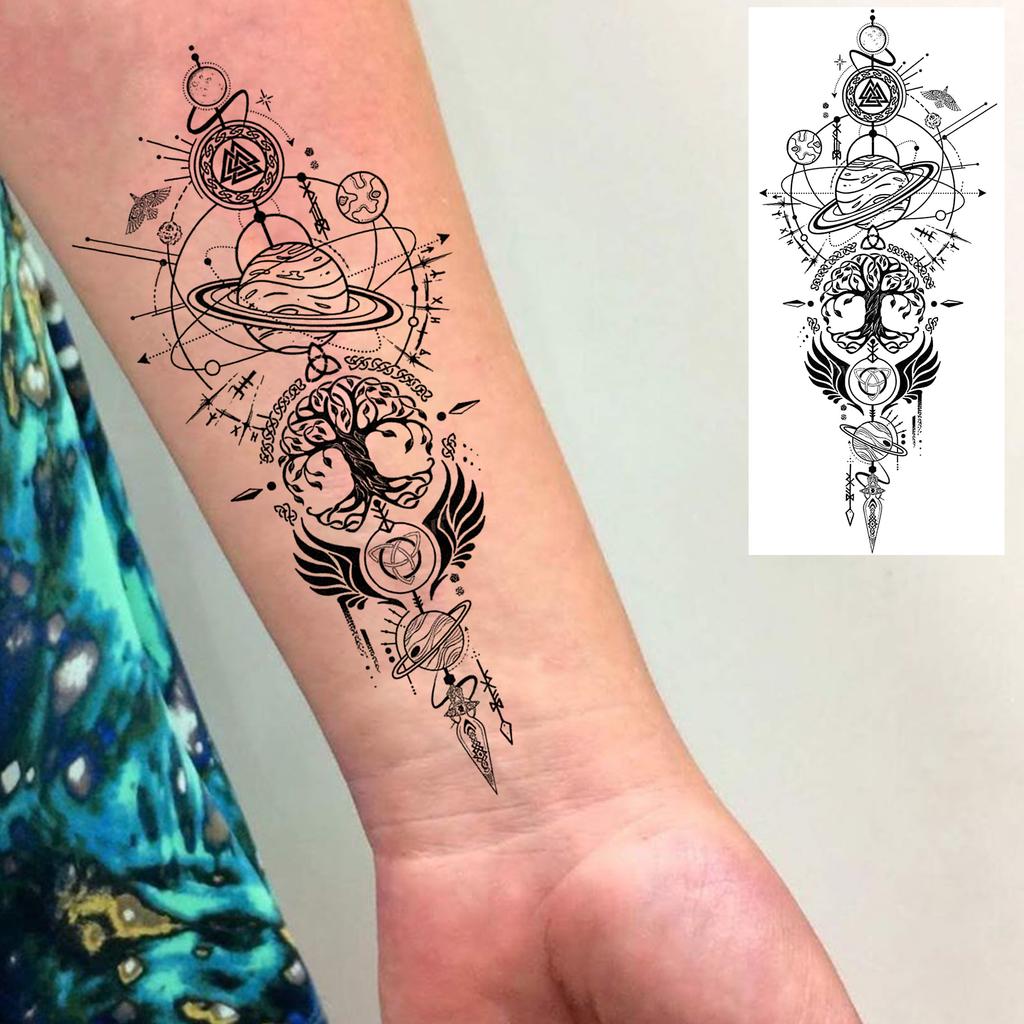 1 Sheet Geometric Planet Mountains Temporary Tattoos For Women Men Forearm Foot, Waterproof Long Lasting Realistic Tatoo Sticker