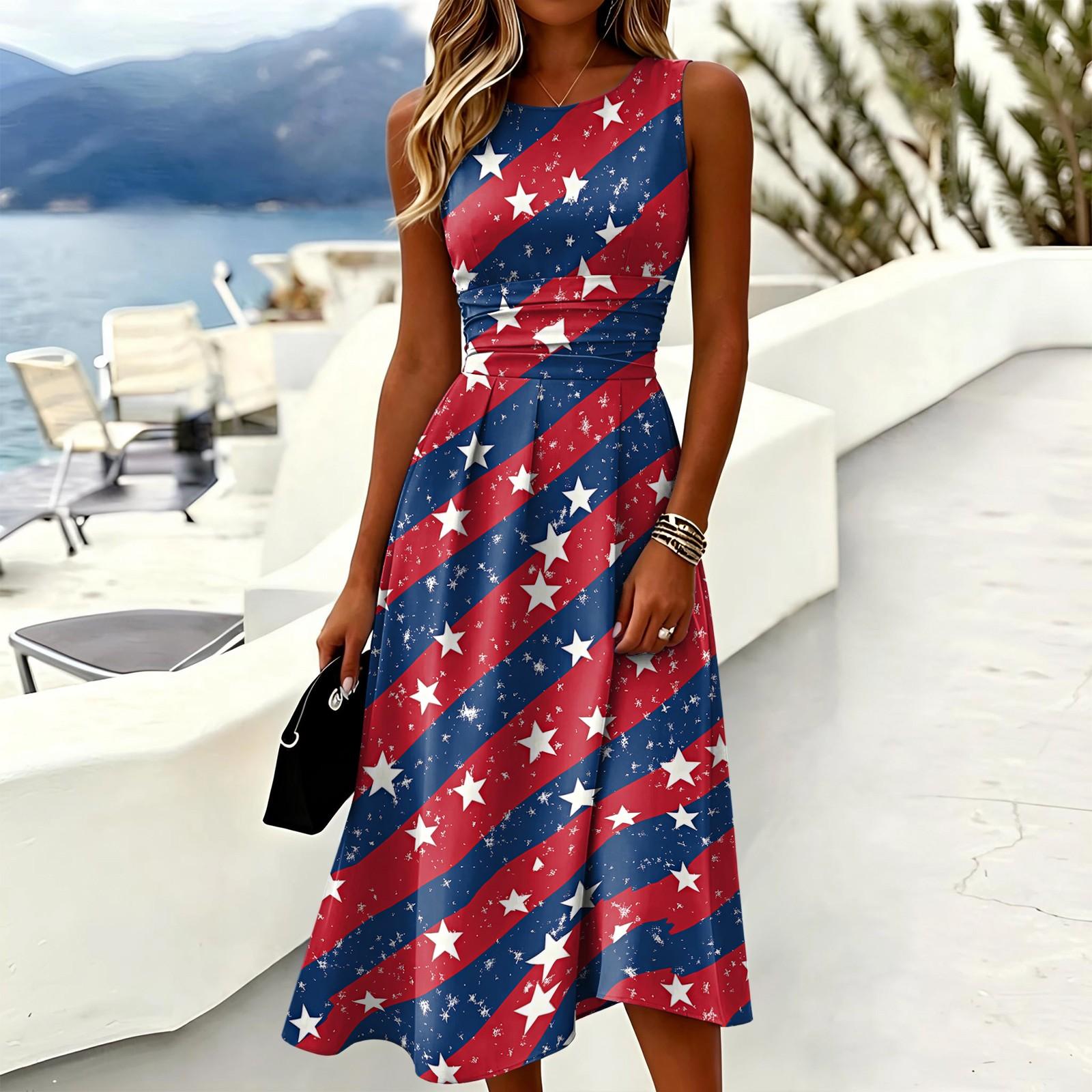

Sleeveless Casual Midi Dress for Women Round Neck Star Print Relaxed Fit Summer Dress with Waist Detail XL красный