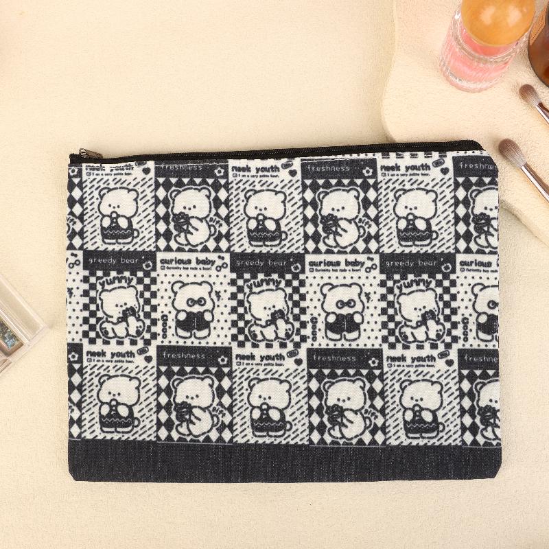 Cute Black Plaid Bear Cosmetic Bag Cartoon Clutch Makeup Bag Travel Toiletry Bag Large Capacity Storage Pouch Coin Purse Gifts