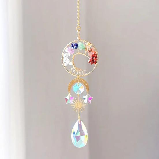 Tree of Life Faux Crystal Suncatcher, Colorful Prism Drop Pendant, Window Hanging Rainbow Maker Ornament for Indoor Outdoor Decor