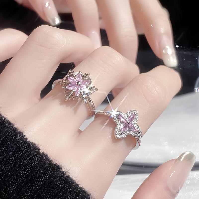 High-End Snowflake Pink Zircon Flower Four-Leaf Clover Open Ring Niche Design Temperament Light Luxury Personalized Ring
