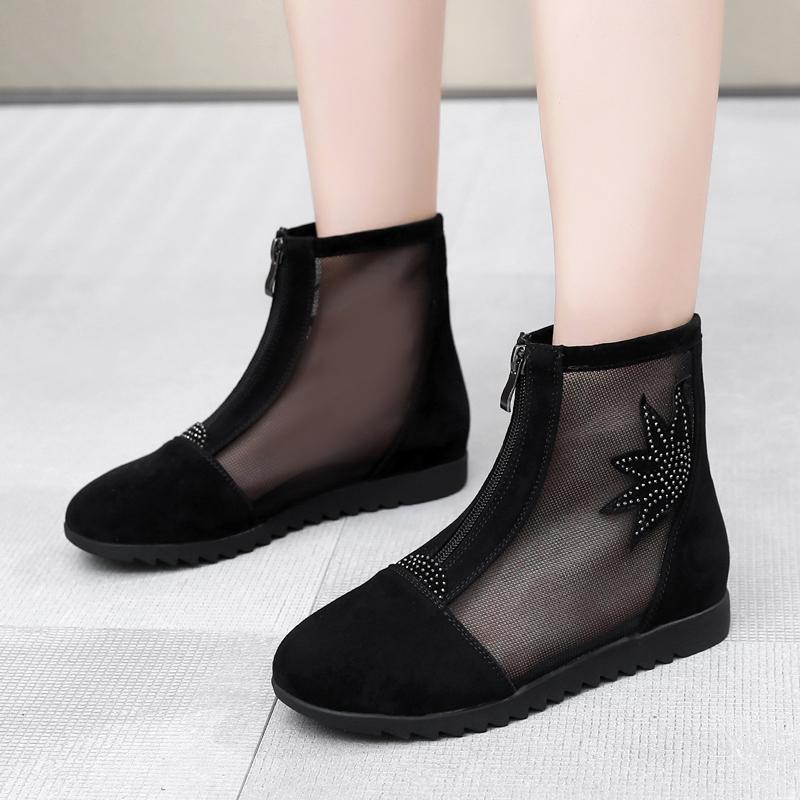 Fashion GKTINOO Fashion Women Kid Suede Genuine Leather Sandals Boots Breathable Mesh Ladies Flat Shoes Spring Summer Large Size 34-43