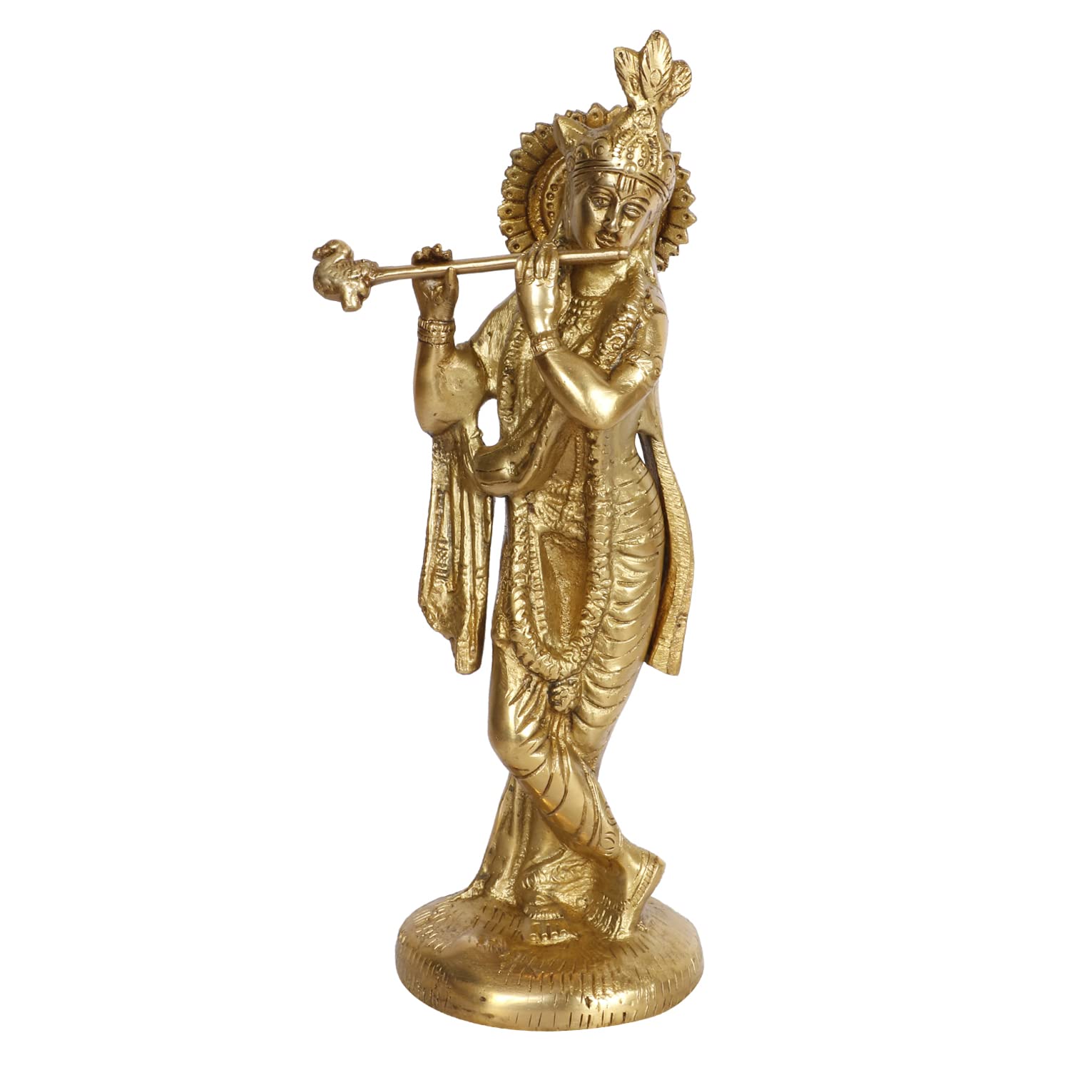 100% Pure Brass Statue Murti Of Lord Krishna Idol Playing Flute, Gold - 10 Inch