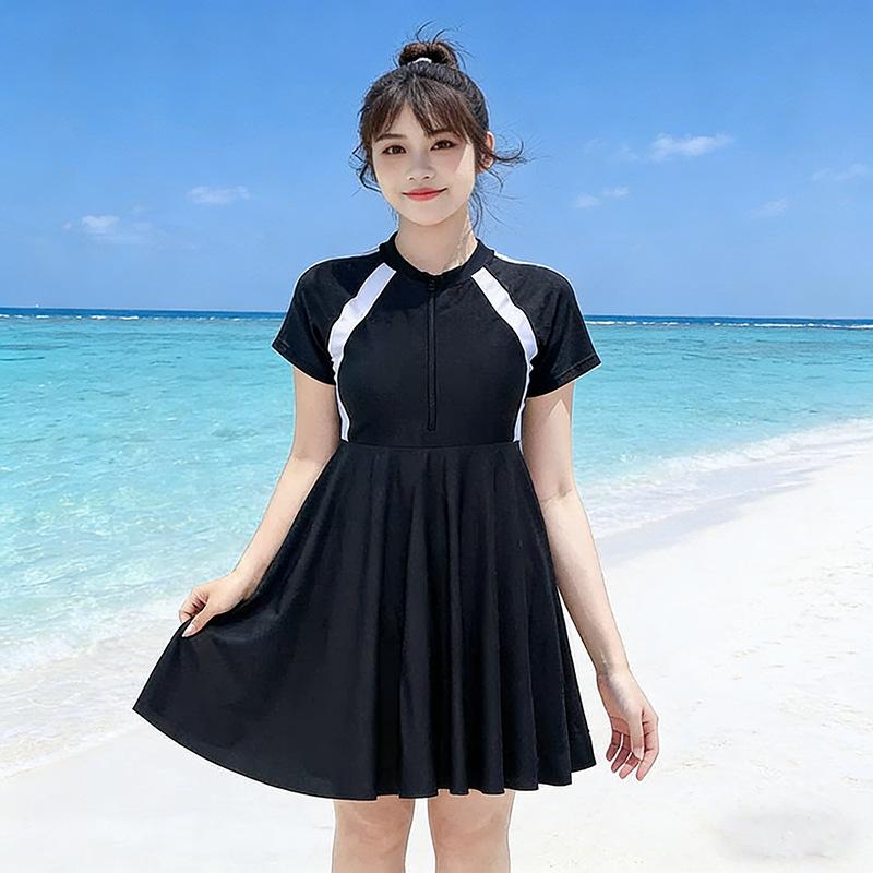 Plus Size 200 Jin Slimming Swimsuit: One-Piece Dress Style for Women, Belly & Bust Coverage, Conservative Design.
