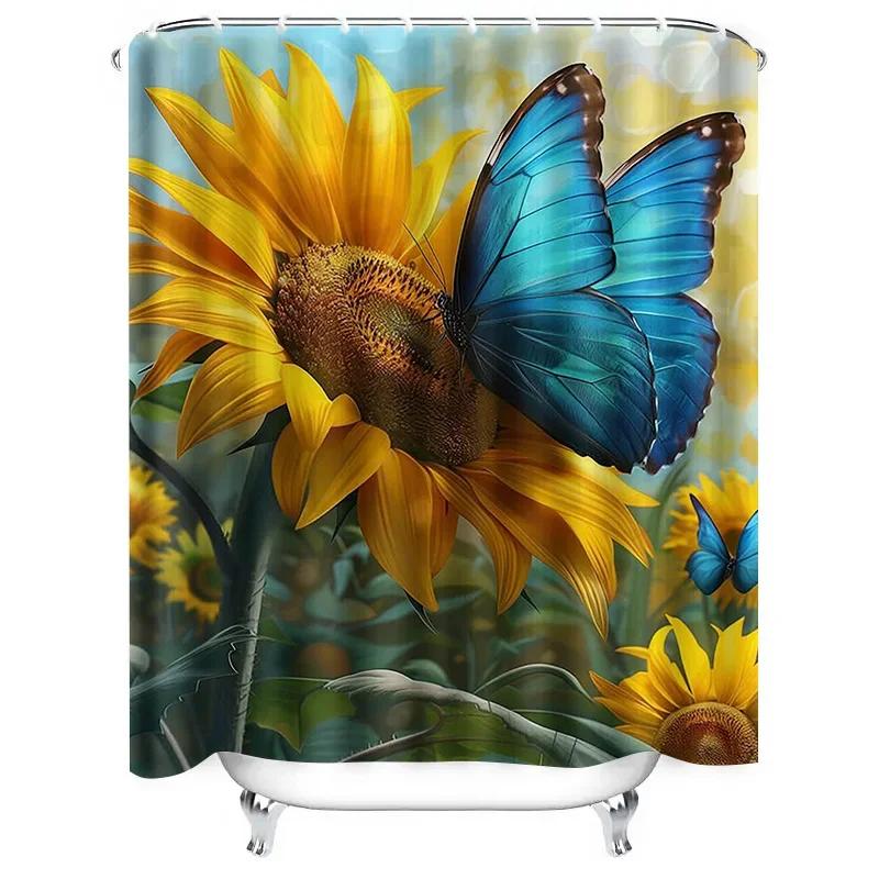 Blue Butterfly On Sunflower Waterproof Shower Curtain Heat Resistant Machine Washable Non-Transparent 180X180Cm