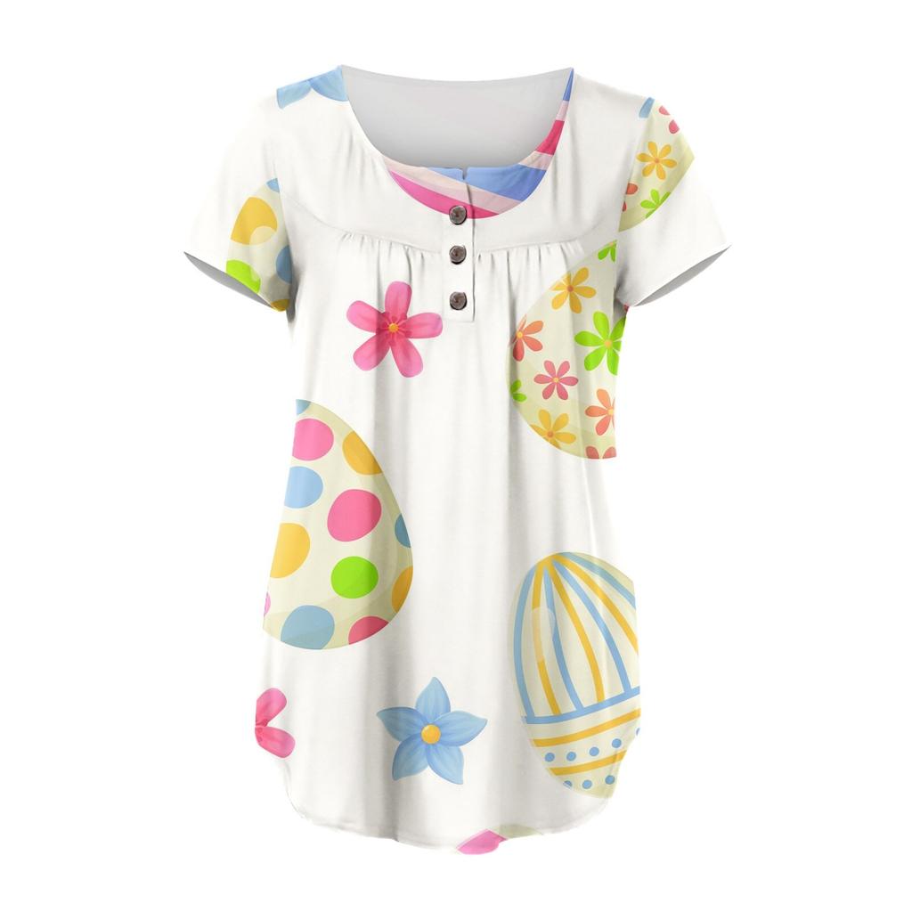 Women's Fashion  Easter  Printed Short Sleeve V-Neck Live Button Top