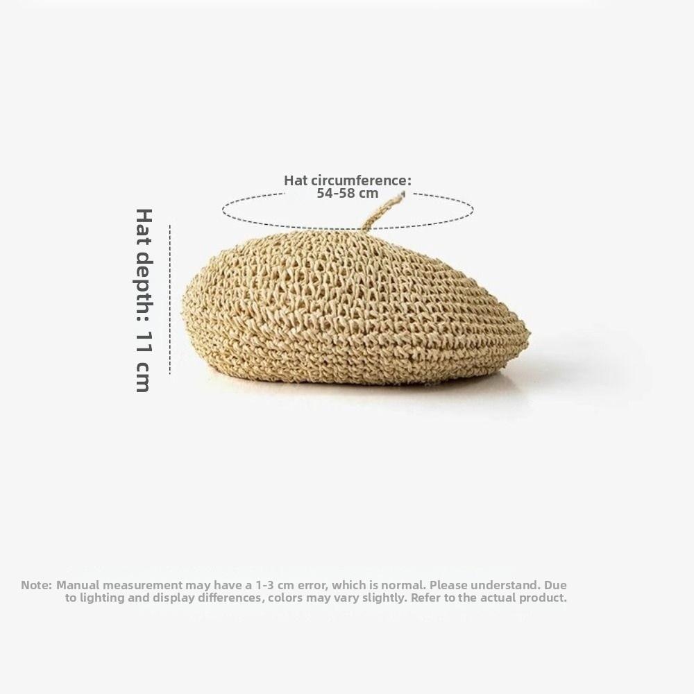 Boho Handmade Summer Straw Beret Thin Breathable French Crochet Beret Hollow Flat Design Beach Weave Beret Holiday Wear