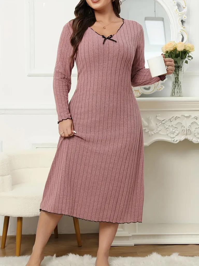 Spring New Arrivals Plus Size Dresses V-Neck Long Sleeve Solid Color Ear Trim Fashion Women's Clothing