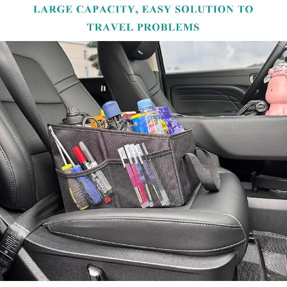 Car Seat Organizer, Collapsible Passenger Seat Organizer with Detachable Divider & Handle, Multiple-Pocket Car Storage Organization for Console Floor