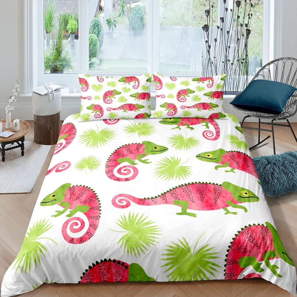 Lizard Duvet Cover Set Reptile Bedding Sets King Size for Boys Girls Toad Tropical Animal Purple Floral Exotic Comforter Cover