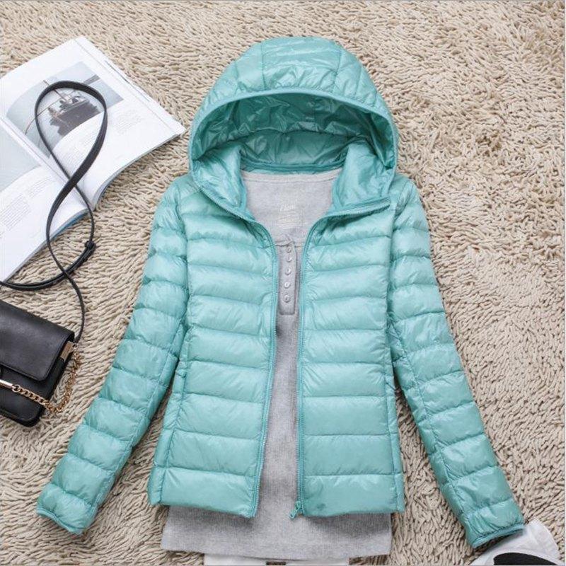 Women's autumn and winter hooded collar long-sleeved zipper solid color full fit white duck down coat M-5XL