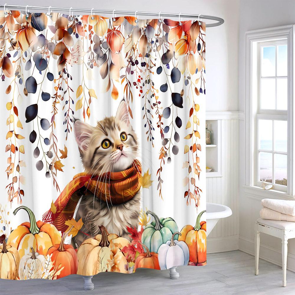 Autumn Watercolour Leaves Pumpkin Shower Curtain Maple Leaves Thanksgiving Gift Polyester Printed Shower Curtains Bathroom Decor