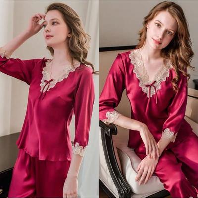 Damen Seidenpyjama Spitze Oberteile Lange Hosen Pyjama Set Zweiteilige Loungewear Sexy V-Ausschnitt Pyjama für Damen