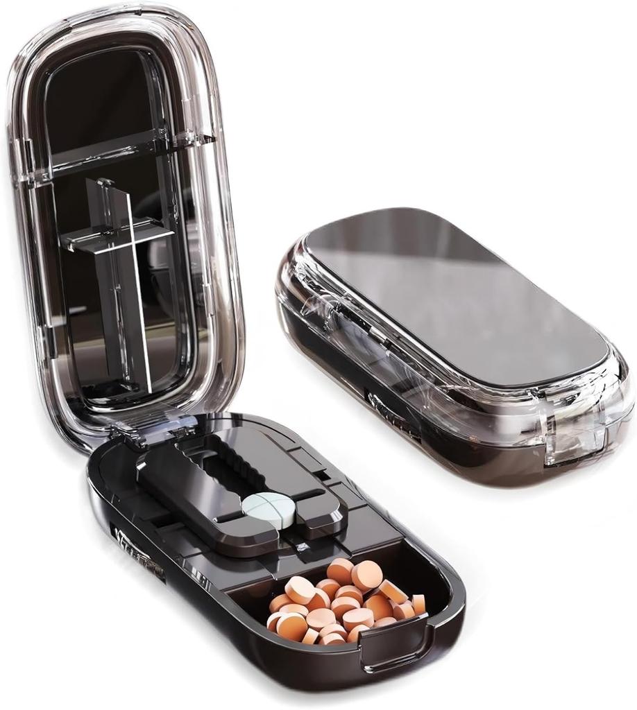 Plastic Pill Case with Built-in Cutter, Portable Travel Pill Organizer, Compact Pill Splitter & Storage Container