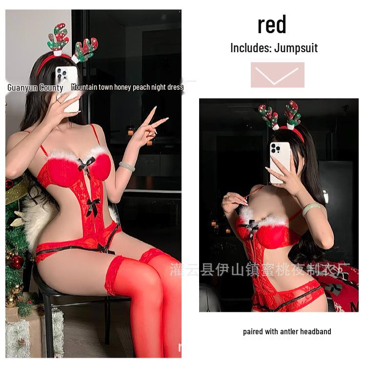 Festive Red Lace See-Through Bodysuit - Sexy Strappy Lingerie for Holidays