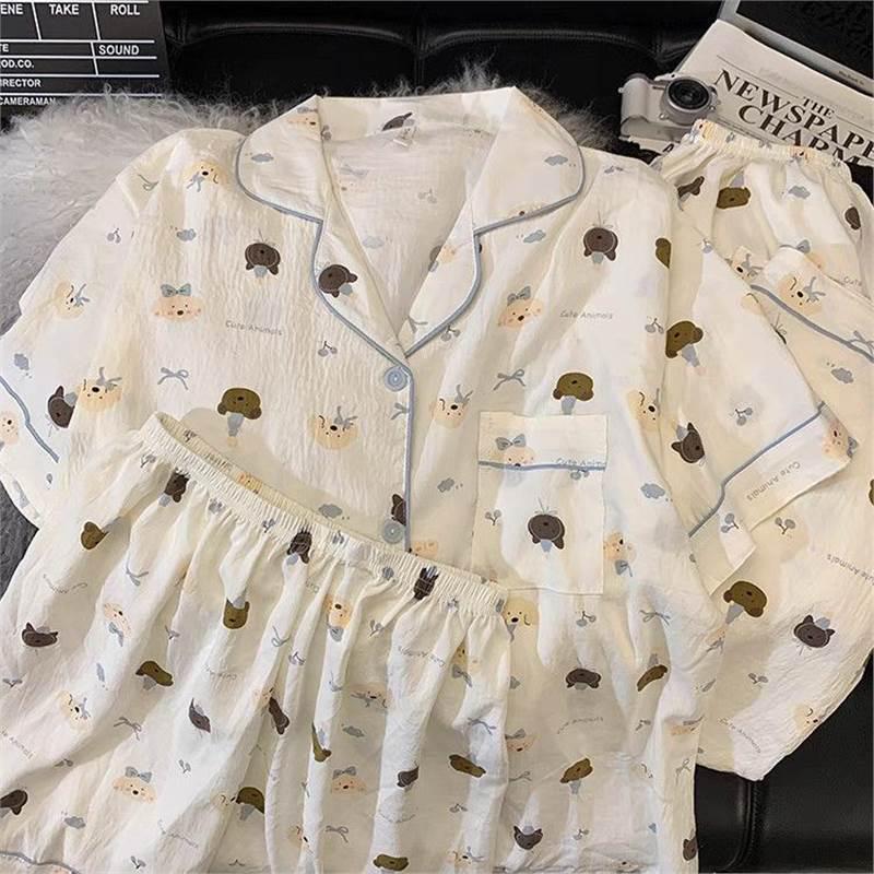 Set de pijamale de vară pentru femei cu pisicuță: Bumbac Nor Scutec cu Mânecă Scurtă, Pantaloni Scurți și Pantaloni Lungi