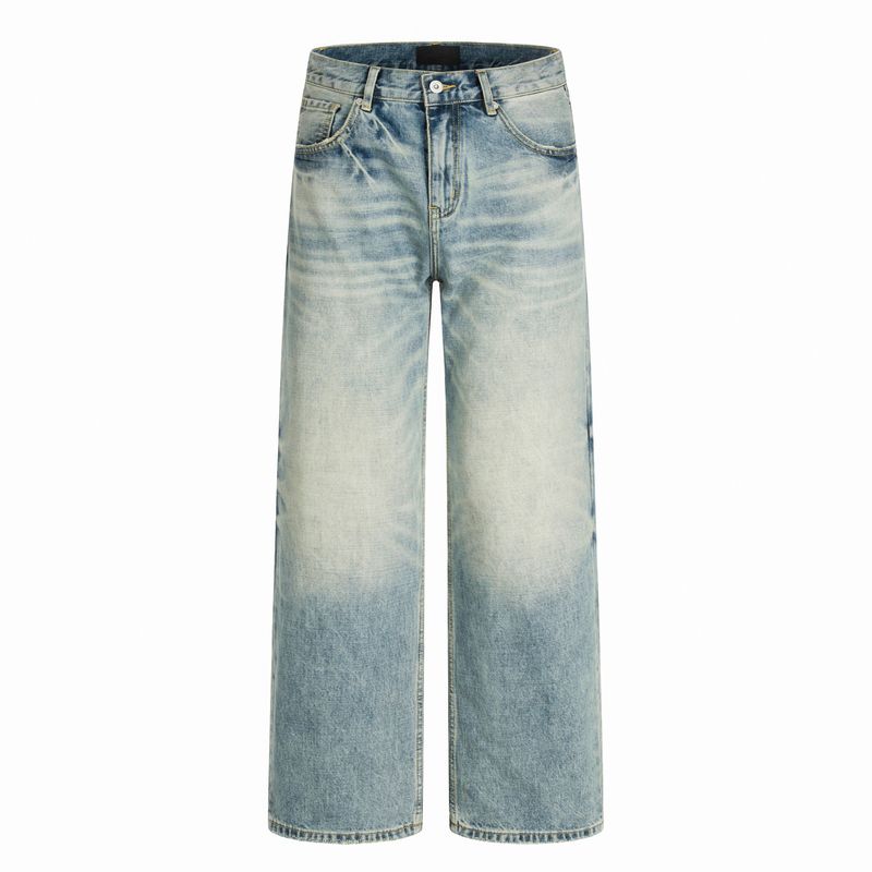 

Kisko American High Street Cleanfit Washed Whiskered Jeans Unisex Trendy Brand Cool Straight-Leg Slimming Pants Blue 2XL