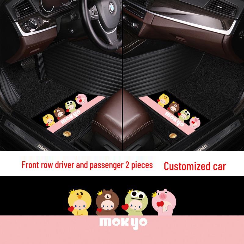Custom Leather Car Floor Mats for Women - Cartoon Design, Double-Layer, Full Coverage