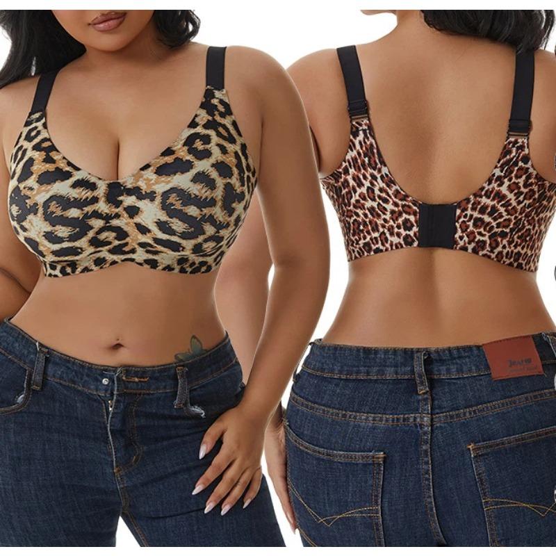 Plus Size Leopard Print Wireless Bra Push Up Back Support Full Cup Bra