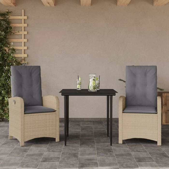VidaXL Ensemble à Manger de Jardin avec Coussins 3 pcs, Table et Chaises avec Dossier Réglable, Meubles d'Extérieur Patio 3212390