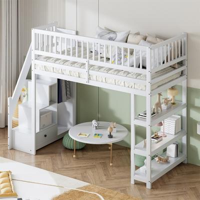 90x200cm Stable Base with Ladder Wardrobe Open Shelves Fence Solid Wood Frame Loft Bed Home Furniture